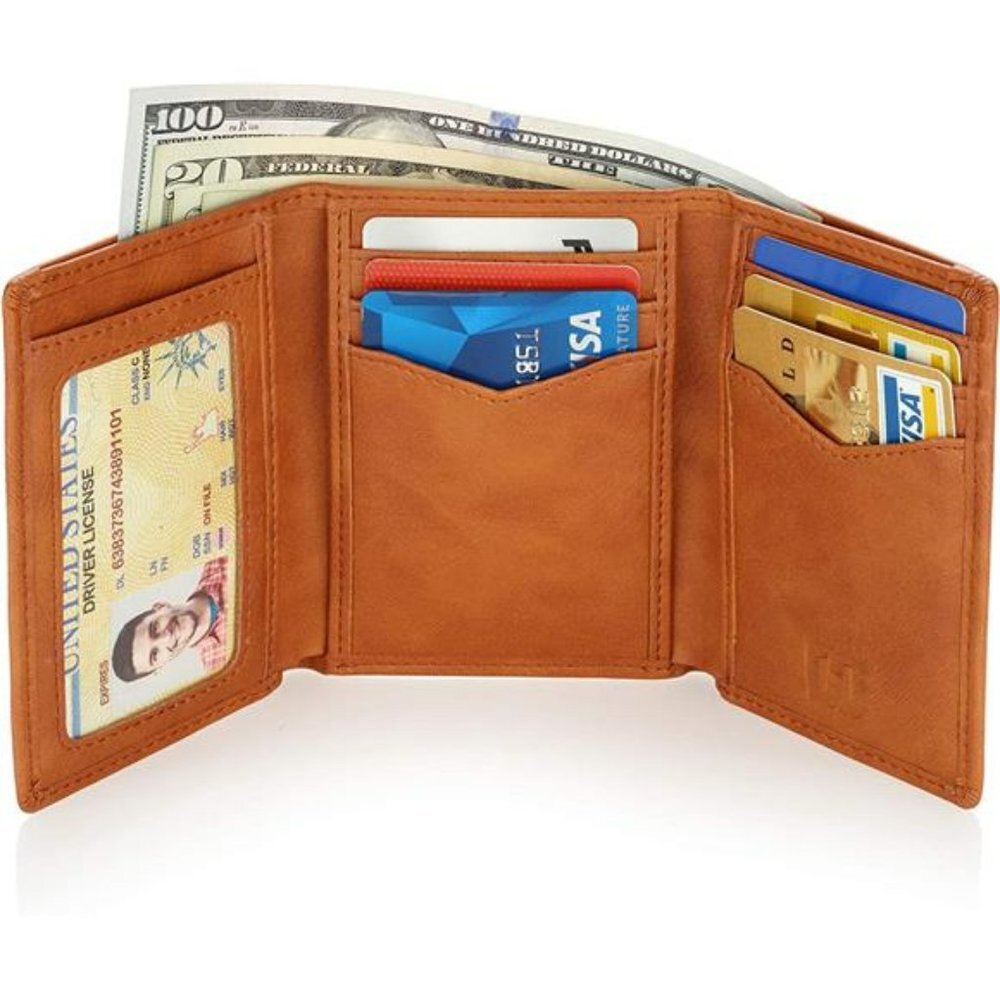 Trifold Wallet - Men Slim Minimalist Money Holder w/ RFID Blocking, Light Brown